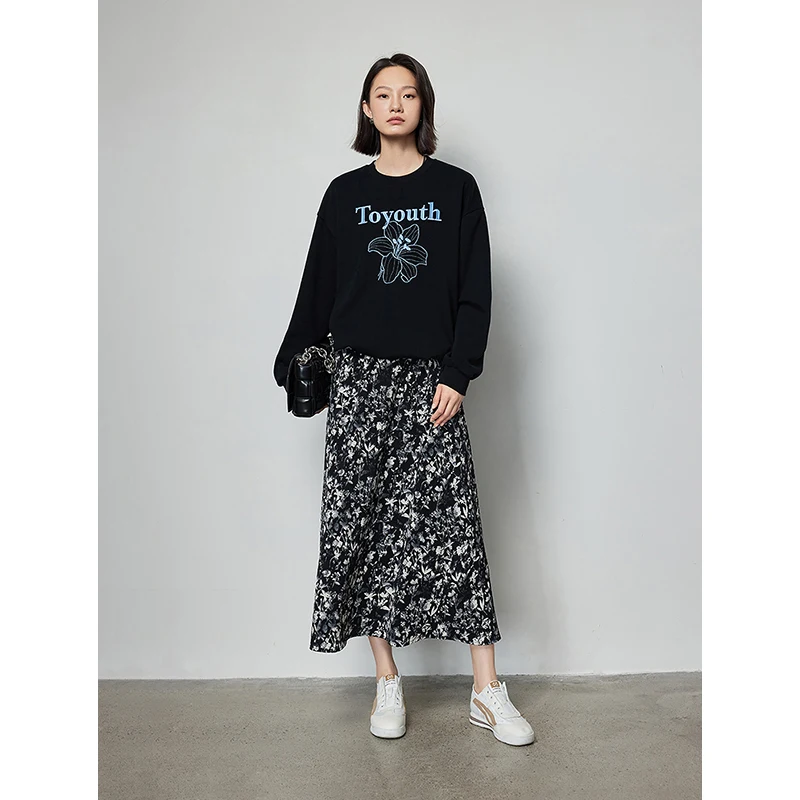 TOYOUTH Women Skirt Summer High Elastic Waist A-shaped Oil Floral Print Fashion Elegant Daily Holiday Mid-length Skirt
