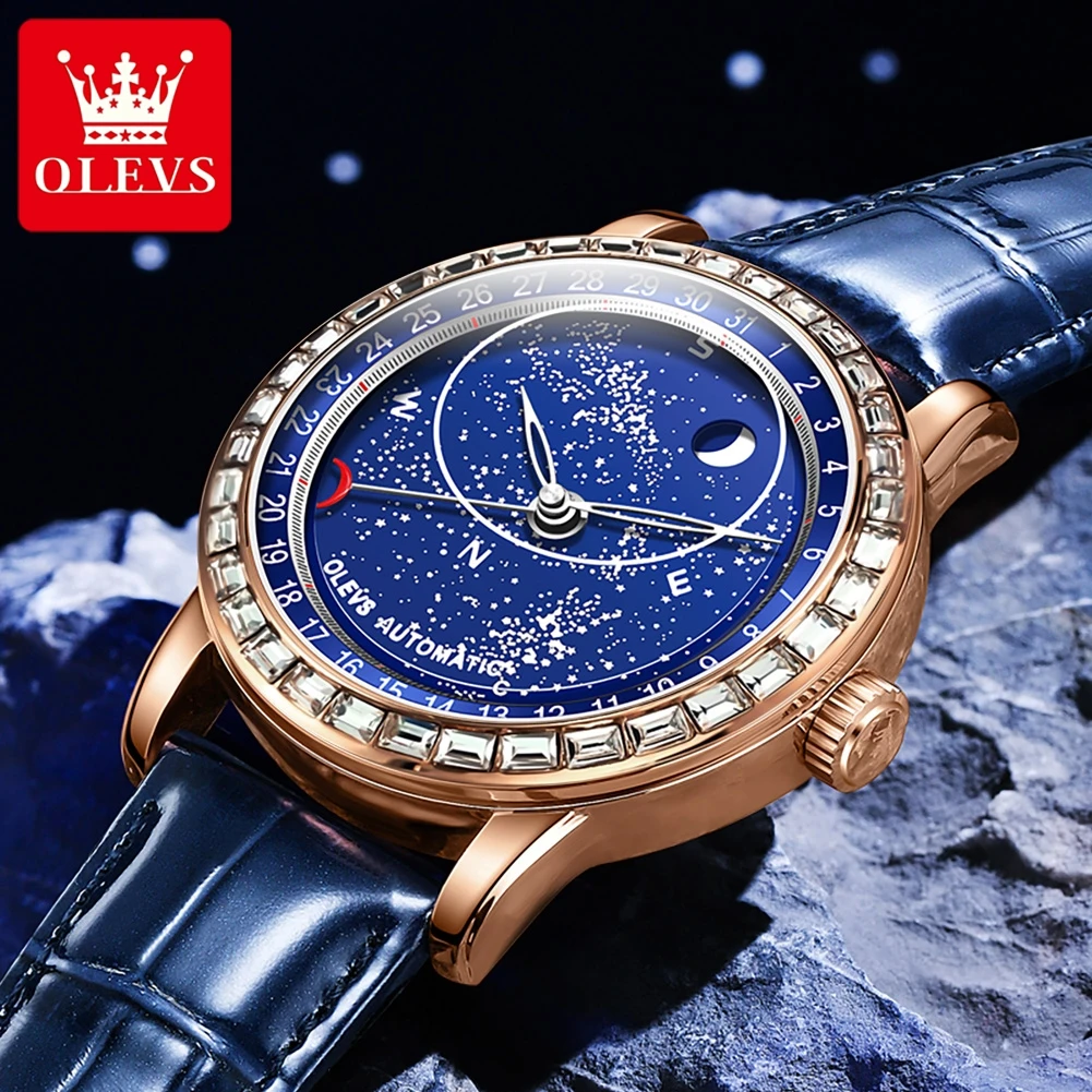 OLEVS Brand New Luxury Diamond Mechanical Watch for Men Blue Leather Strap Waterproof Luminous Fashion Starry Sky Mens Watches