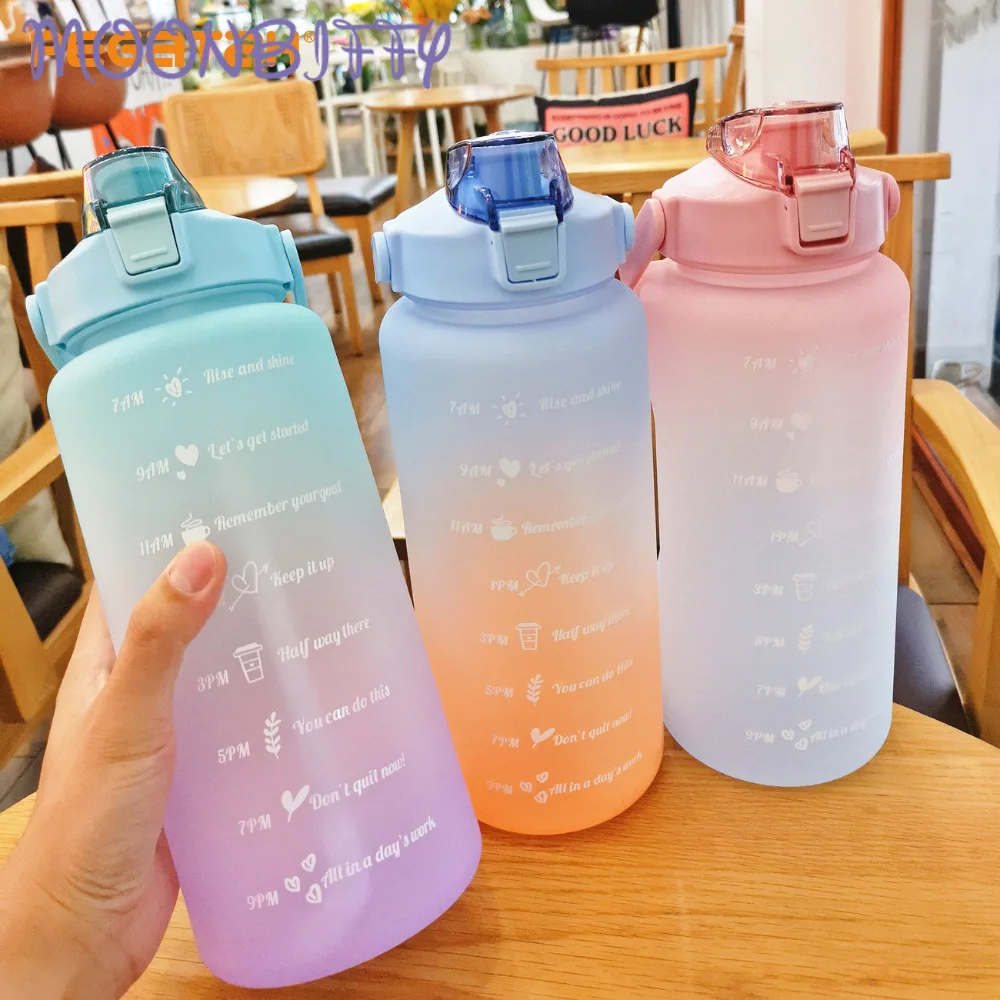 

2L Large Capacity Water Bottle Straw Cup Gradient Color Plastic Water Cups with Time Marker Outdoor Fitness Sports Bottle