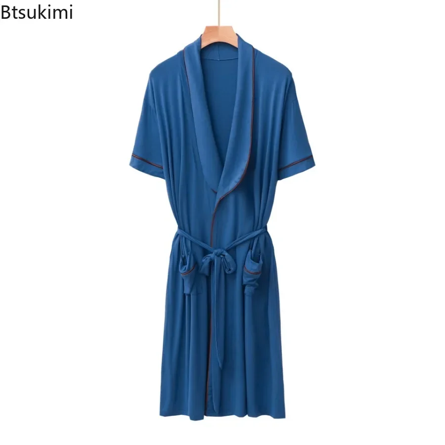 2024 Men's Plus Size Home Clothes Short-sleeved Cardigan Mid-length Men Kimono Bathrobe with Belt Drapey Pajamas Bathrobe Male