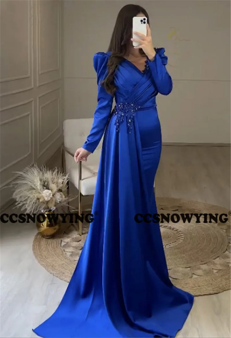 

Royal Blue Long Sleeve Mermaid Evening Dresses V Neck Formal Party Gowns Women Satin Appliques Arabic Kaftan Robes De Soirée