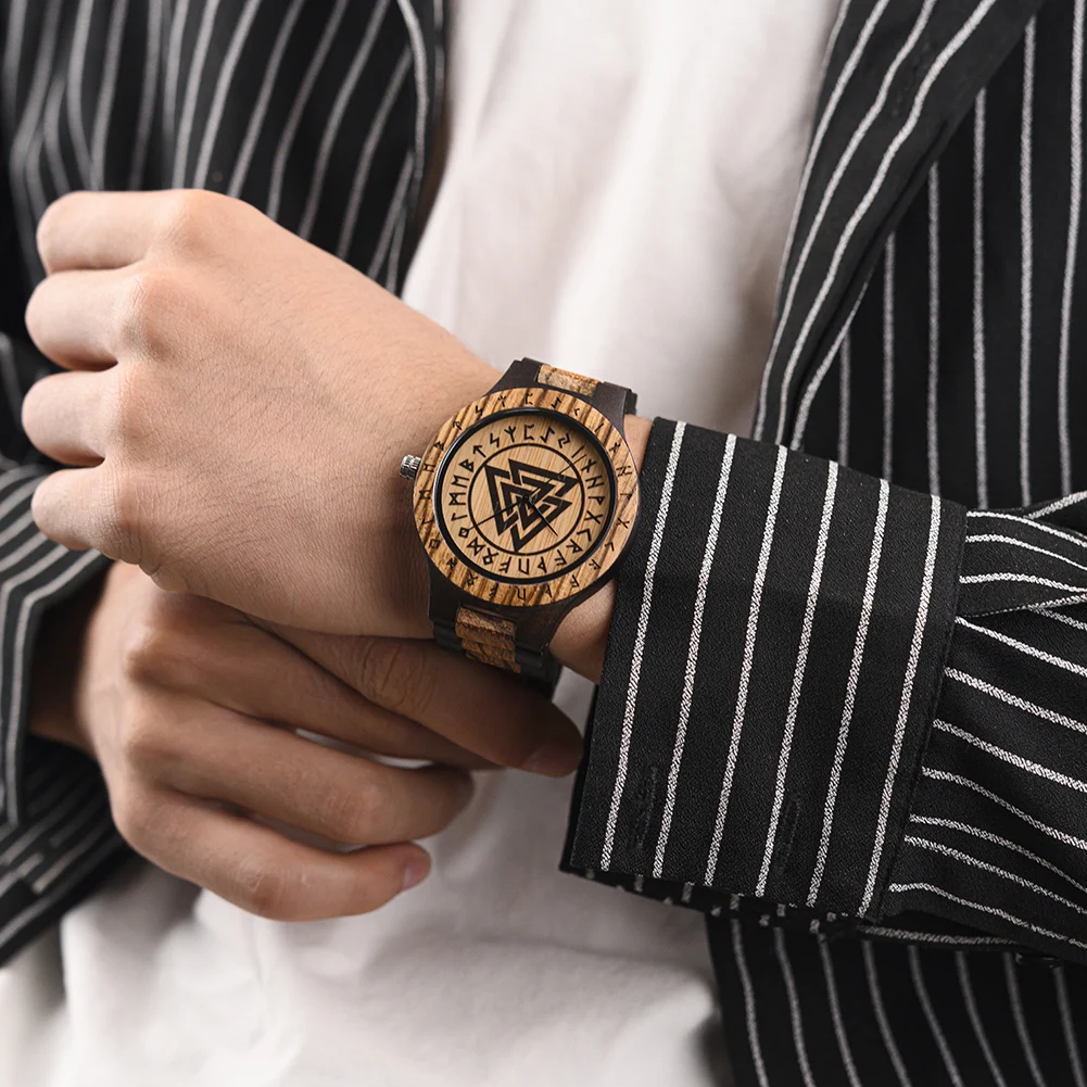 BOBO BIRD Vintage Wooden Watch Viking Warriors Symbol Men Watches Runic Circle With Helm of Awe Vegvisir Watch For Men Gifts