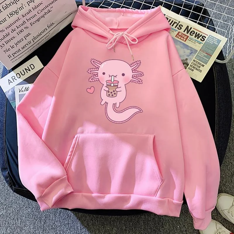 

New Kawaii Cute Axolotl Drink Milk Tea Pattern Printed Hoodie Women's Casual Cute Outdoor Comfortable Pullover Sports Hoodie