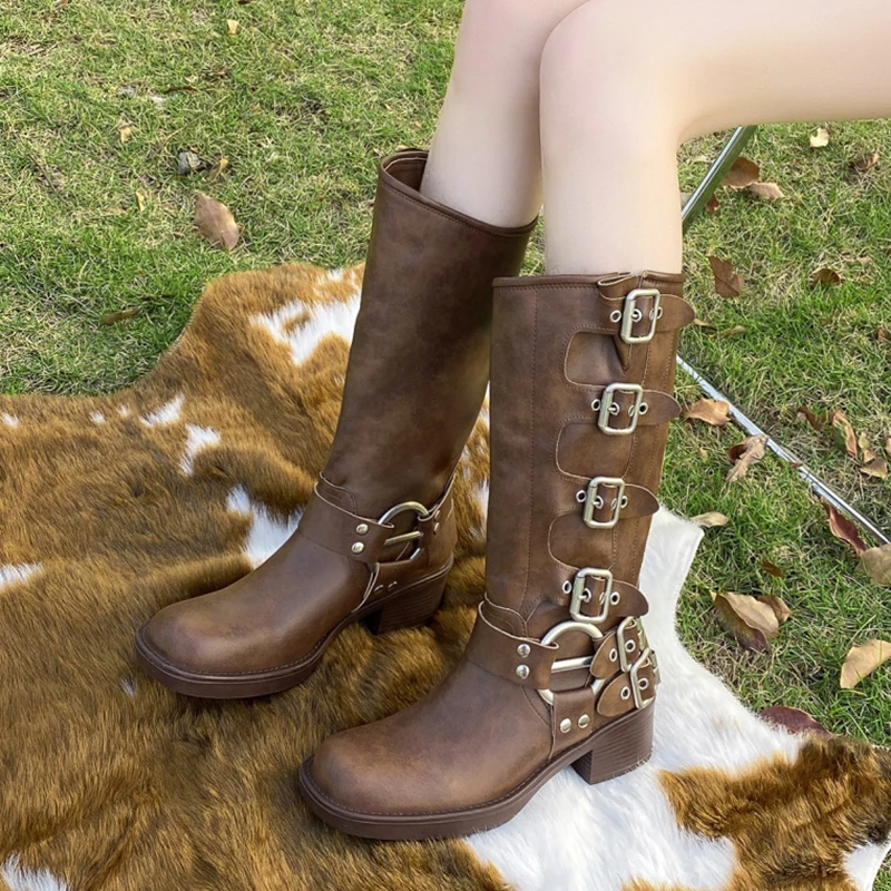 Metal Buckle Square Toe Knee High Boots Women PU Leather Punk Long Boots Autumn Chunky Heels Motorcycle Booties women knee boots