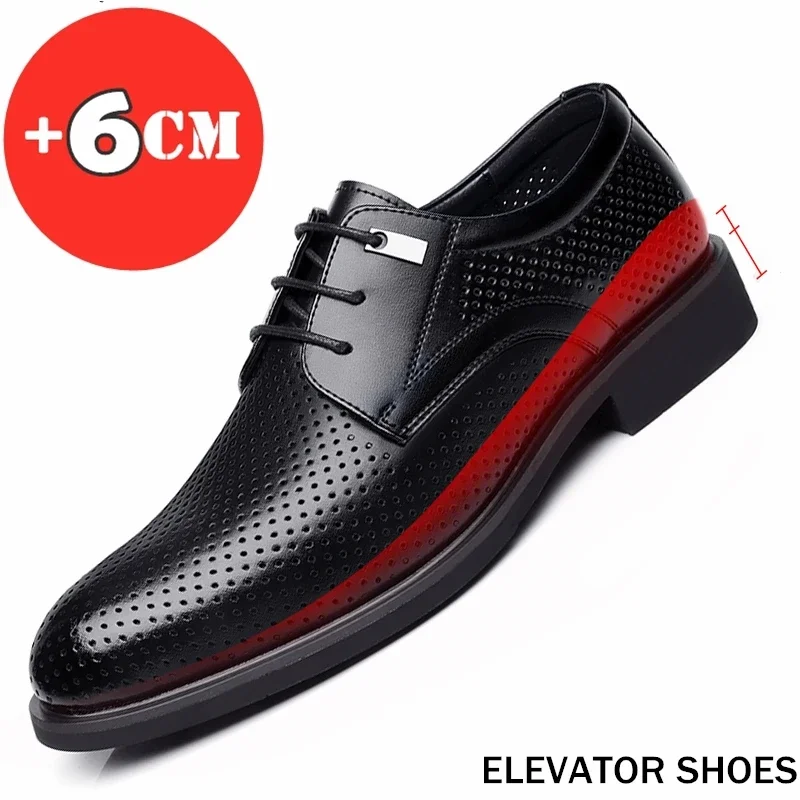 Men Flat / 6CM Heightening Elevator Shoes Hollow Breathable Business Formal Leather Shoes Man British Dress Casual Wedding mens leather dress shoes