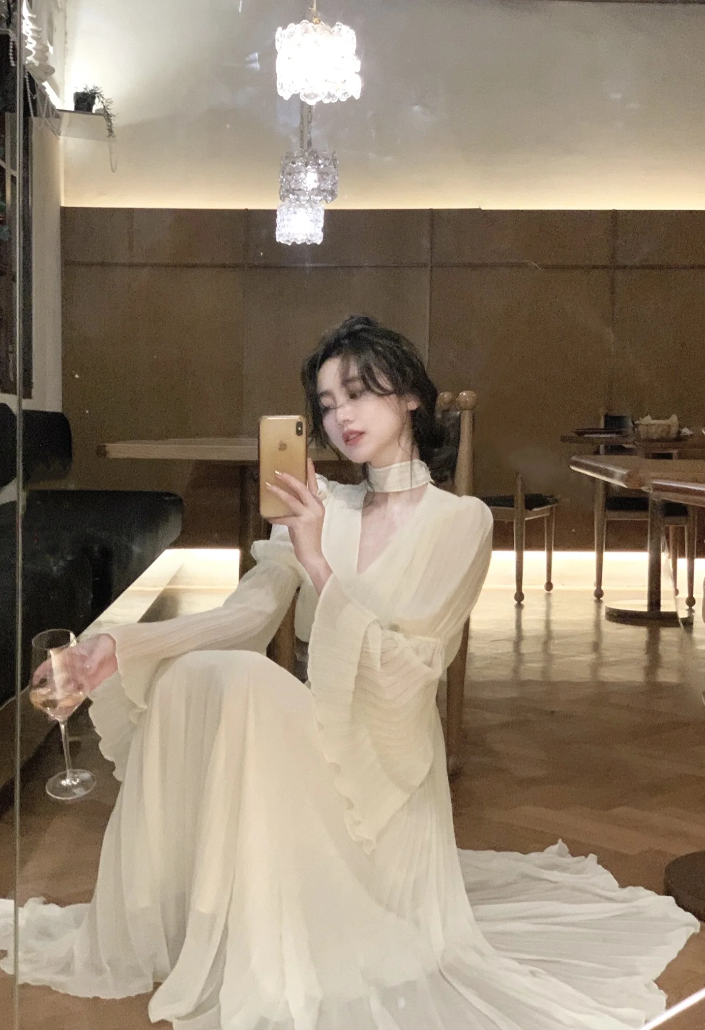 Autumn Solid Pleated Long Dresses for Women Halter V-neck Flare Sleeve Wedding Party Dress Korean Fashion One Piece Vestidos New