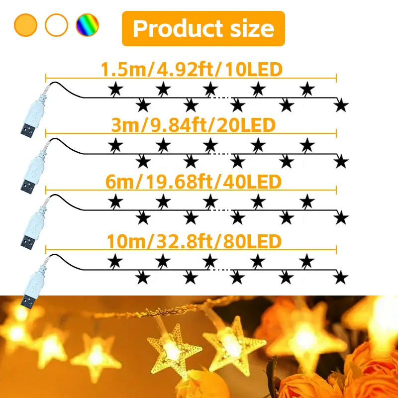 Radiant Star LED Decorative String Lights, USB Powered, Festive Ambiance for Holidays and Celebrations