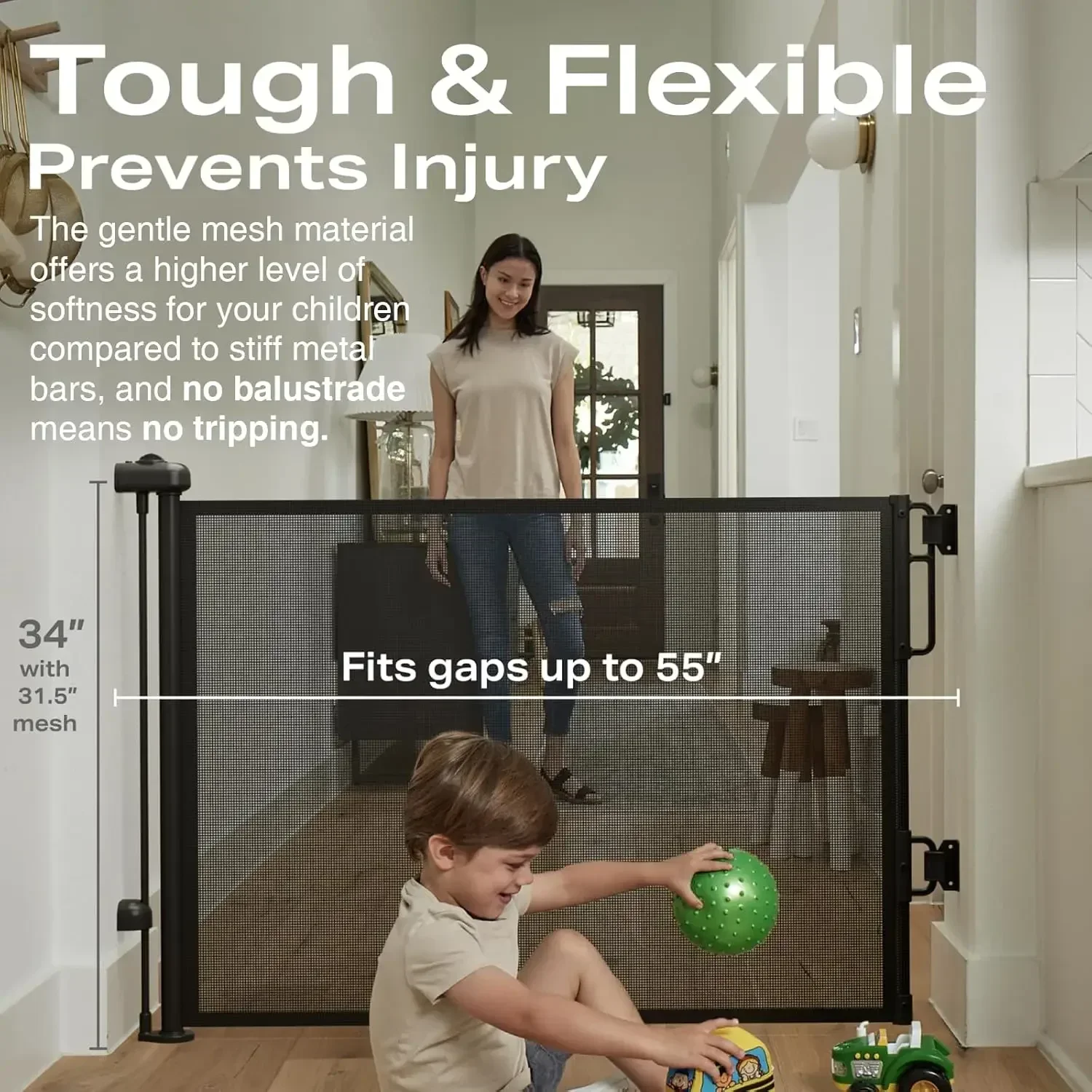 Upgraded Retractable Baby Gate with One-way Lock Mesh Tall 34 Extra-wide for Stairs and Doorways