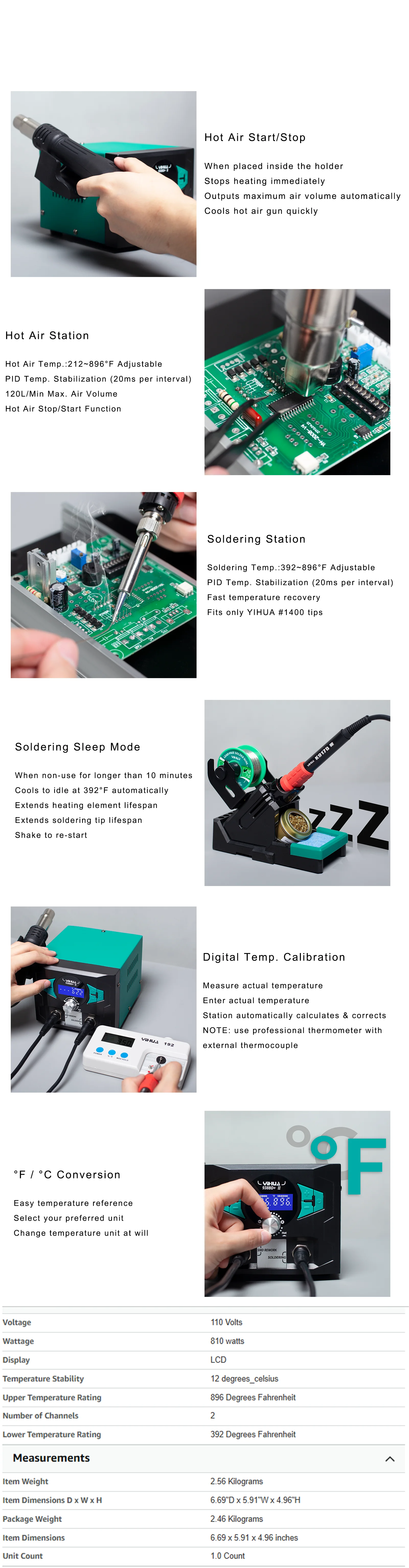 938BD+ II 2-in-1 Soldering & Hot Air Rework Station 212-896°F PID Sleep Mode Dig