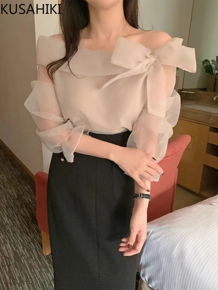KUSAHIKI 여성용 오프숄더 활 타이, 플레어 슬리브, 메쉬 셔츠, 한국 시크 용수철, 패션 탑, 2024 신상 셔츠