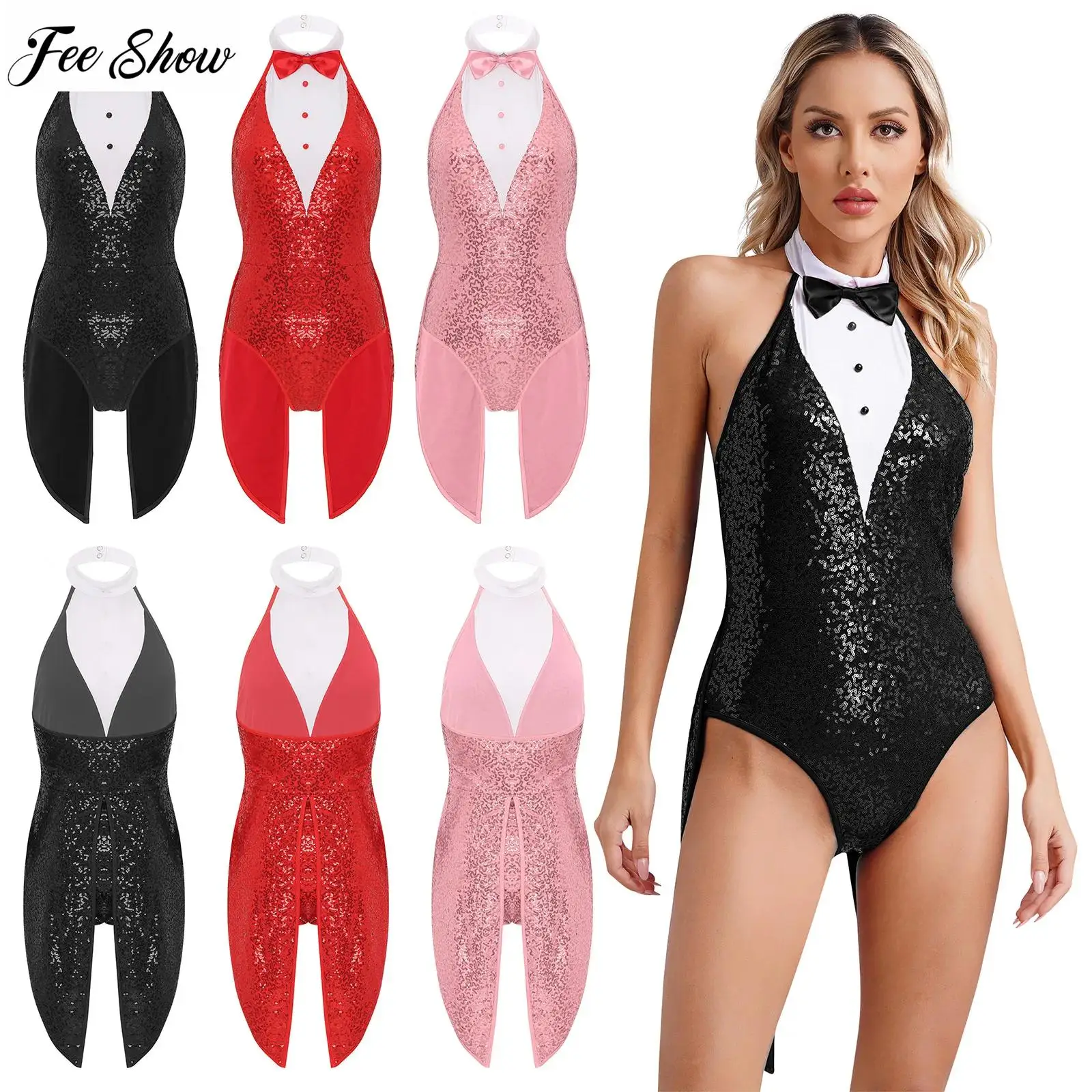 

Womens Naughty Bunny Cosplay Costumes Shiny Sequin Waitress Rabbit Bodysuit Halter Sleeveless Bow Split Tail Leotards Clubwear