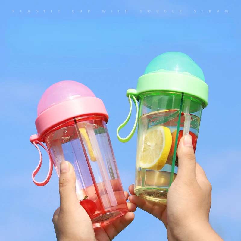 420/600ml Double Drinking Bottle Cute Girl Student Outdoor Double Straw Cup with Handle Portable Plastic Water Bottle water bottle sports water bottle sports bottle plastic water bottle plastic cup