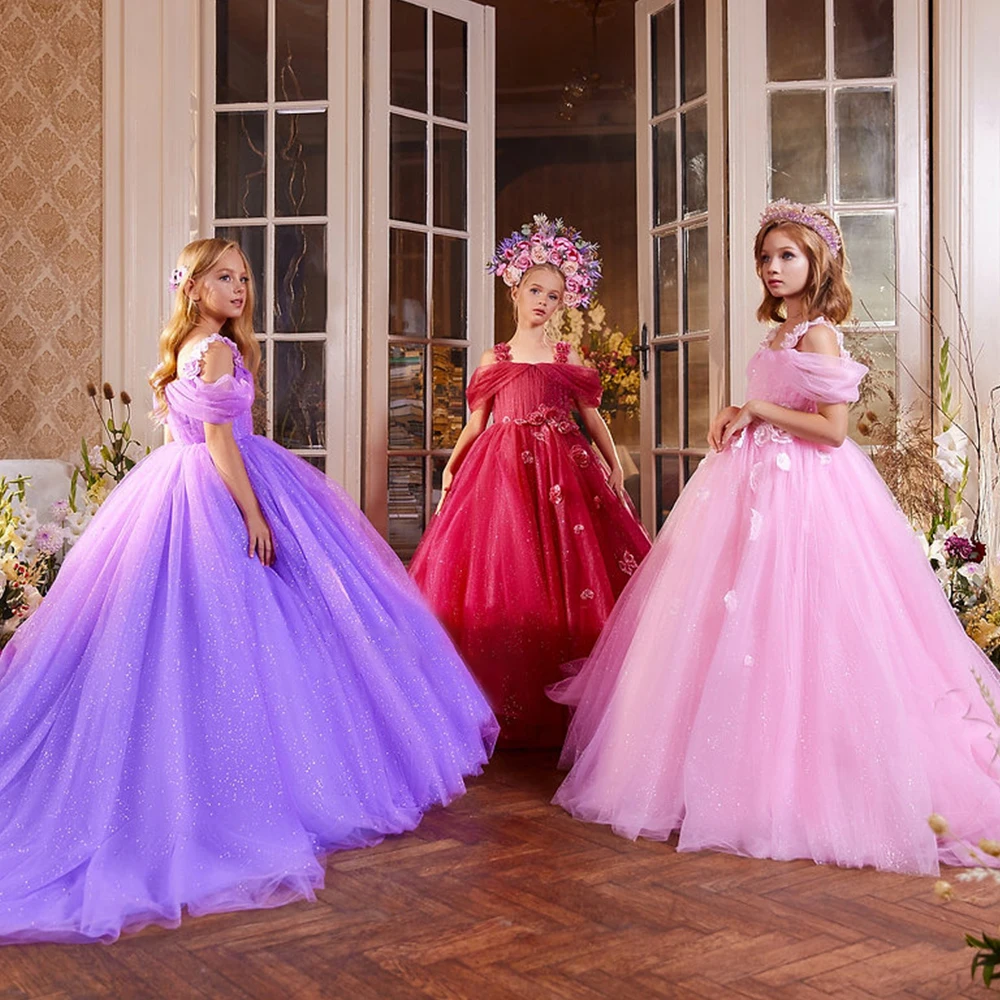 

Puffy Princess Dresses Off The Shoulder Flower Girl Dresses Pink Girl Dresses Tulle Wedding Party Dress Girl Bridel Dress