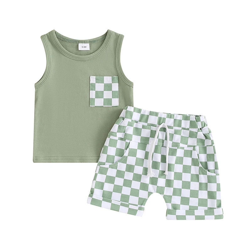 

Toddler Baby Boy Girl Summer Clothes Checkerboard Plaid Short Sleeve T-Shirt Shorts Set 2Pcs Checkered Outfit