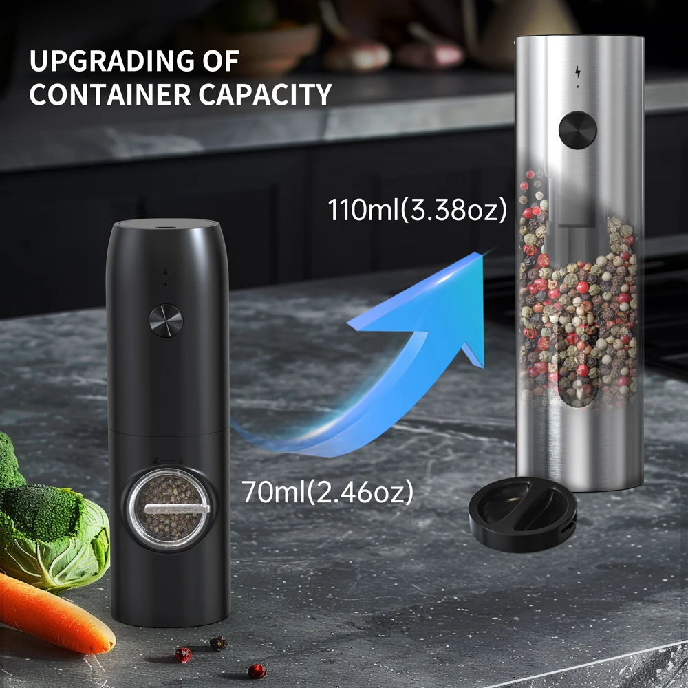 USB Rechargeable Automatic Pepper Grinder Salt And Pepper Mill Adjustable Coarseness Spice Grinder with LED Light for Kitchen