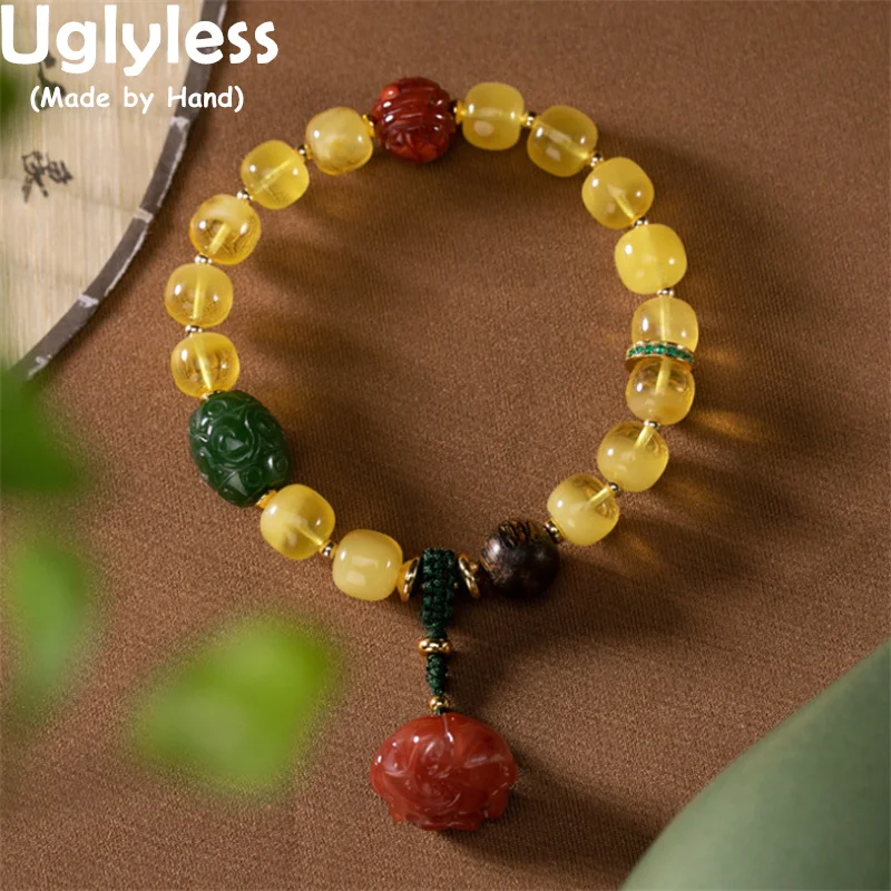 

Uglyless Natural Agate Jasper Amber Beeswax Bracelets Women Elastic Rope Multi Gemstones Jewelry Agate Lotus 925 Silver Bracelet