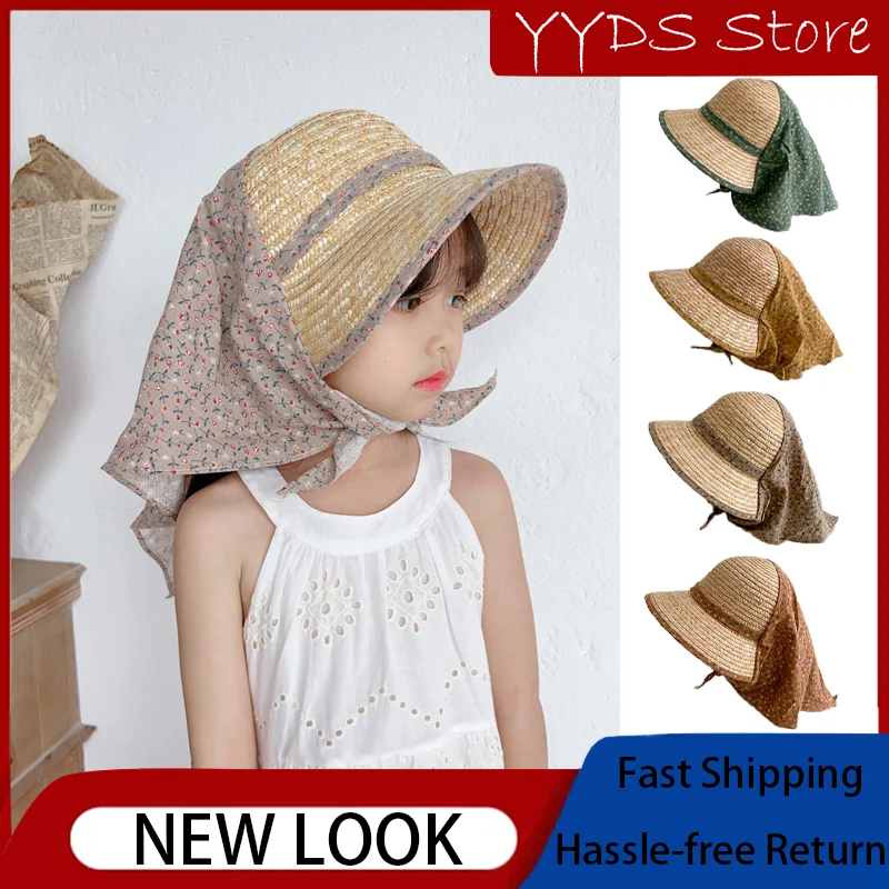 INS Idyllic ~ French Lace-up Half-sided Dome Straw Hat Shawl Neck Guard Summer Small Broken Flowers Big Brim Beach Hat