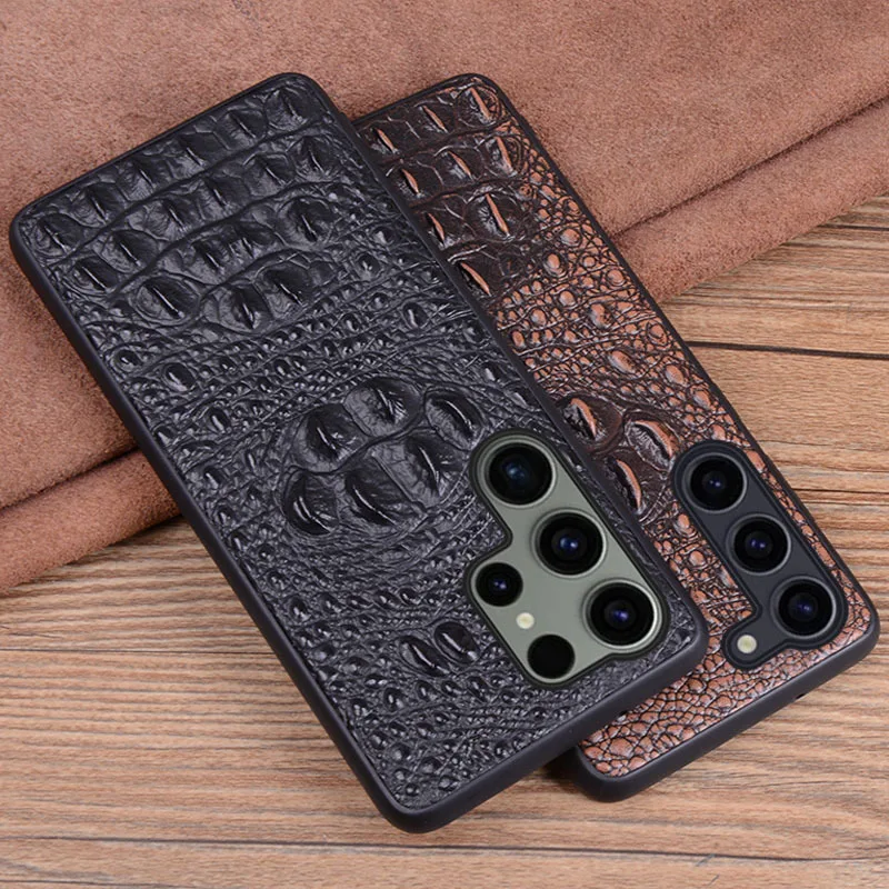 Luxury Genuine Leather Phone Case For Samsung Galaxy S23 Ultra Plus Business 3D Crocodile Skull Head Pattern Full Armor Cover