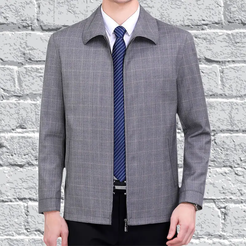 

2023 Men Spring Autumn New Turn Down Collar Casual Jackets Men's Solid Color Loose Overcoats Male Middle-Aged Plaid Coats D278