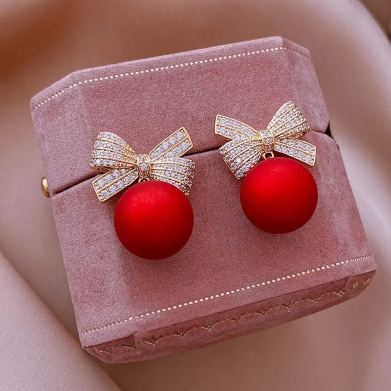 Sparking Zircon Bowknot Shape Stud Earrings for Women Trendy Temperament Round Pendant Drop Earring Party Jewelry Gifts