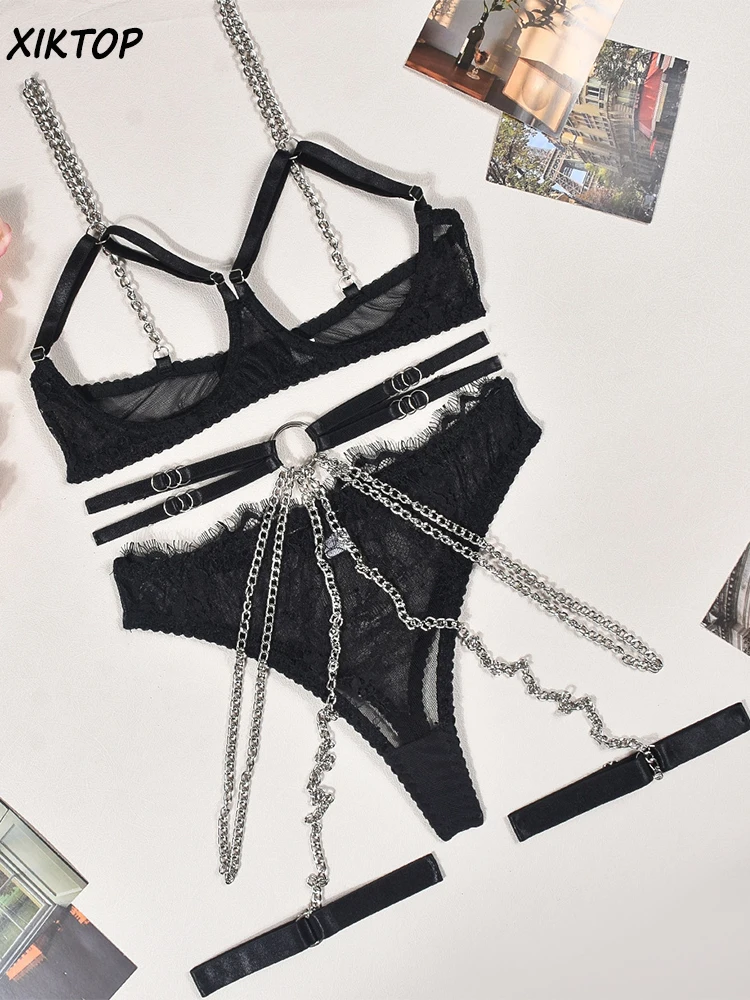 

Комплект нижнего белья Xiktop женский кружевной, пикантный ажурный бюстгальтер на цепочках с чашками пуш-ап, соблазнительный интимный комплект нижнего белья