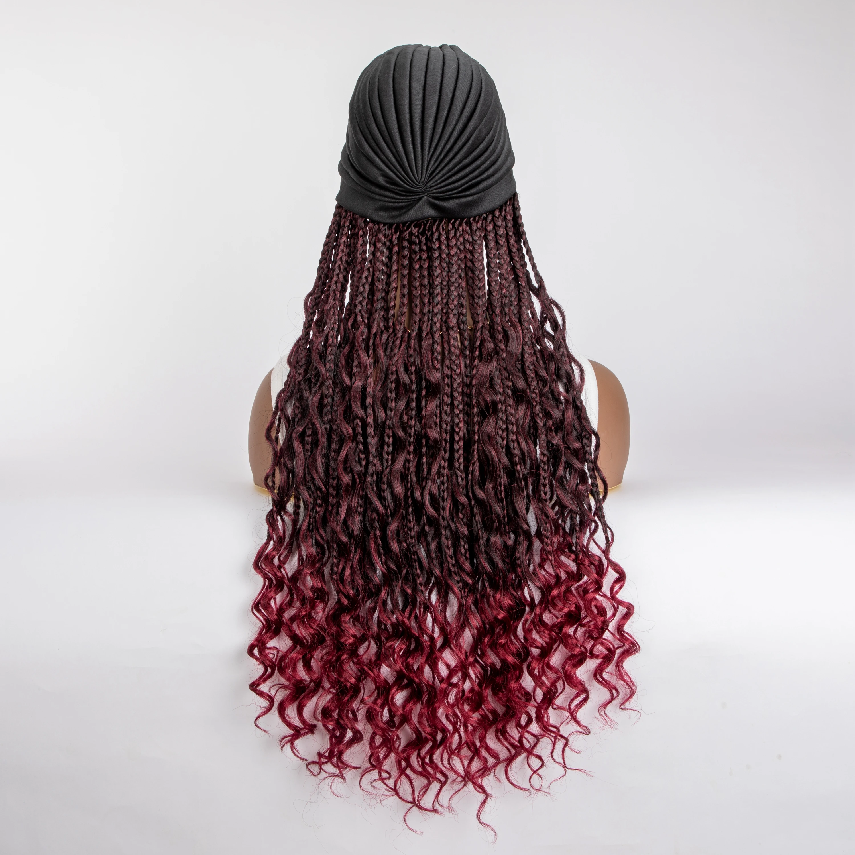 WIGERA 20&ldquo; Ombre Black Burgundy Boho Box Braided Synthetic Headband Wig With Turban Hat Braiding Hair Extensions For Black Women