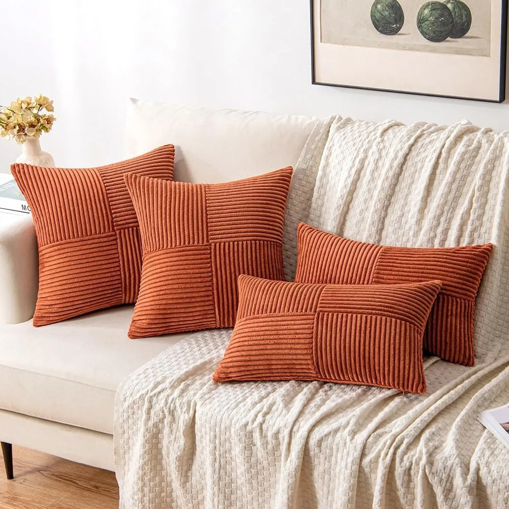 Rust Boho Throw Pillow Cover 18x18 Inch for Couch Bed Sofa Soft Corss Corduroy Patchwork Textured Terracotta Accent Cushion Case 4