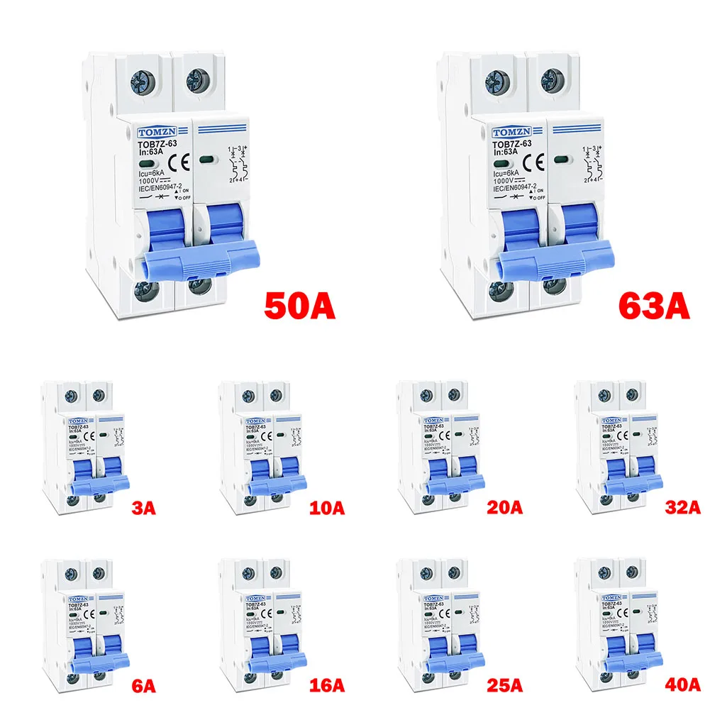 Solar MCB 2P DC 1000V Solar Mini Circuit Breaker 3A 6A 10A 16A 20A 25A 32A 40A 50A 63A DC For PV Photovoltaic Circuit Breakers