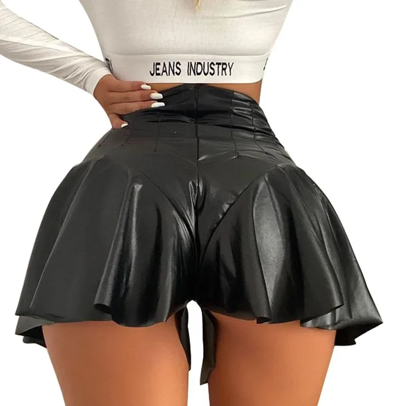 Short d'été taille haute en cuir PU pour femme, pantalon court à volants, couleur unie