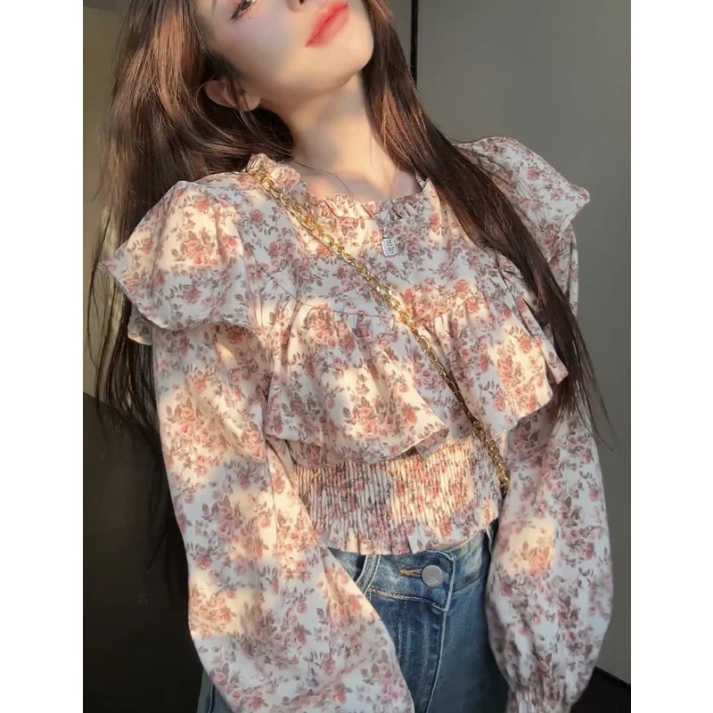 Floral Ruffles Pleated Sweet Short Blouse  Ƿ  ο  Ҹ o  Ʈ м  ž  Ƽ