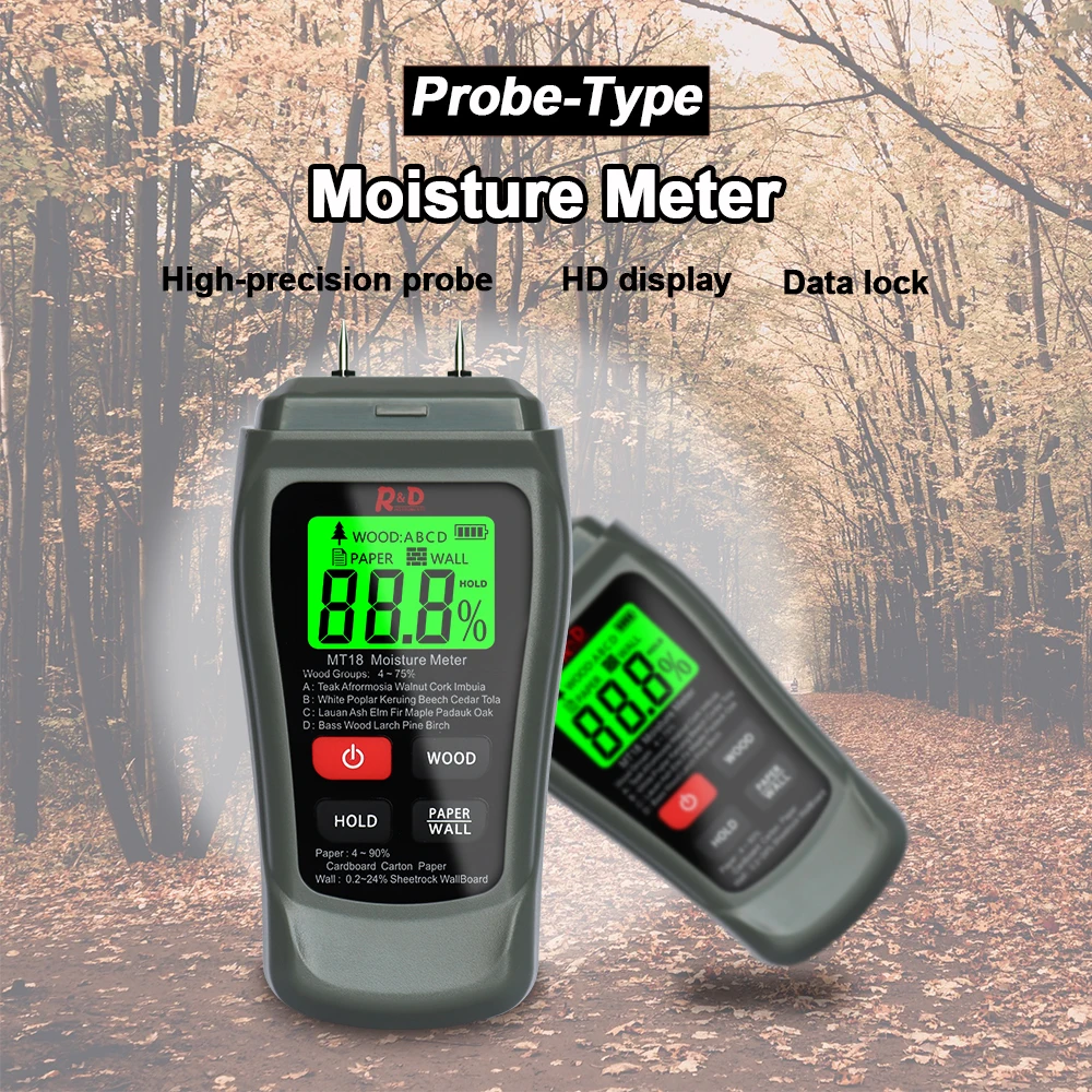 R&D MT18 Two-pin Wood Moisture Meter 0-99.9% Paper Humidity Tester Wall Hygrometer Timber Damp Detector Tree Density Tester - Image 3