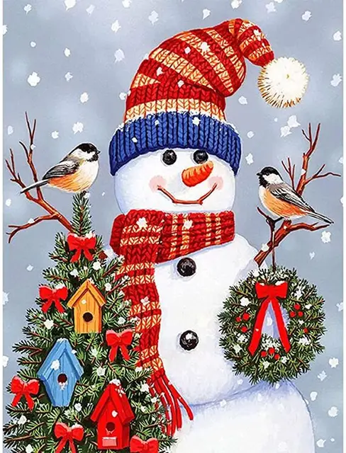 Snowman with song birds Christmas painting by numbers