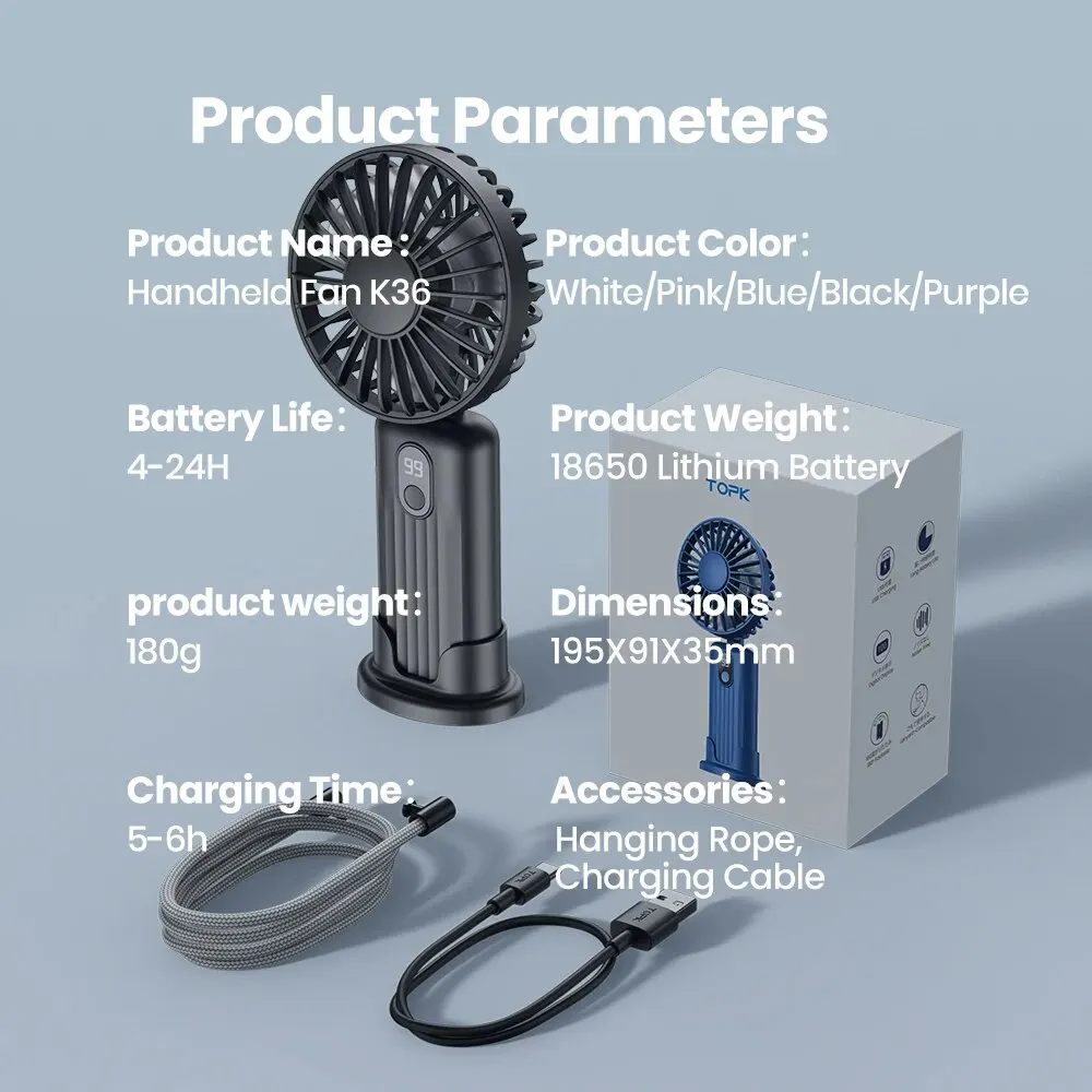 TOPK 5000mAh Mini Handheld Fan, USB Desk Fan, Personal Neck Fan Rechargeable Portable Fan Cooling Folding Electric Fan for Room 6