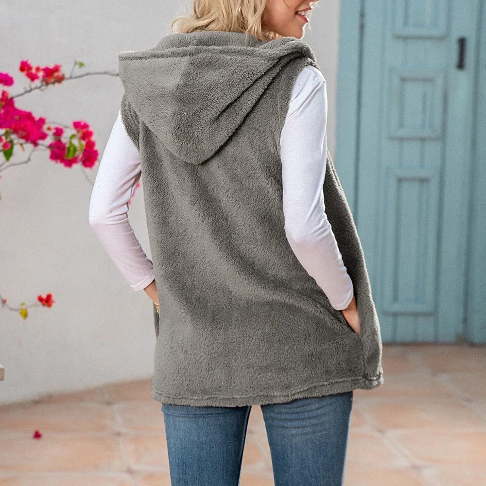 Womens Sherpa Fleece Vest Oversized Sleeveless Cardigan Fashion Solid Jacket with Hood