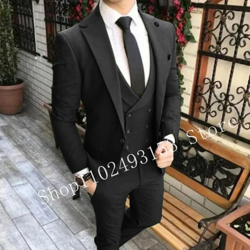 Black 3 Pieces Men Suits Slim Fit Male Wedding Suits Formal Business Groom Wear Tuxedos Blazer+Vest+Pants Costume Homme Mariage