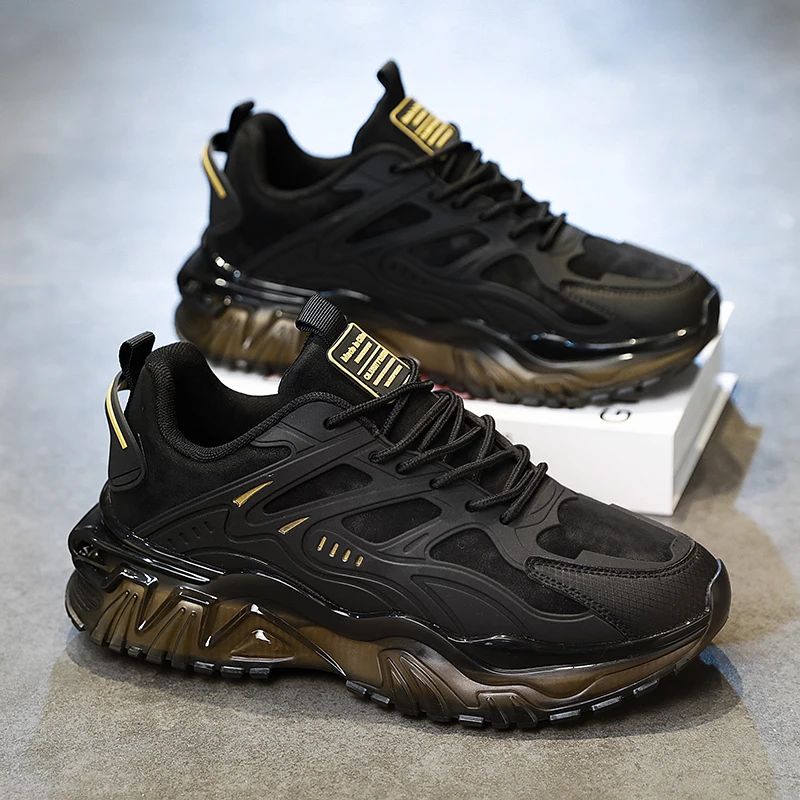 Men's High-Top Running Shoes - Breathable Synthetic Upper, Comfortable Cushioning and Durable Rubber Sole, Suitable for Year-Round Training, Fitness, Jogging - Black with Gold Accents, Sneakers, Streamlined Athletic Design, Lining Fabric