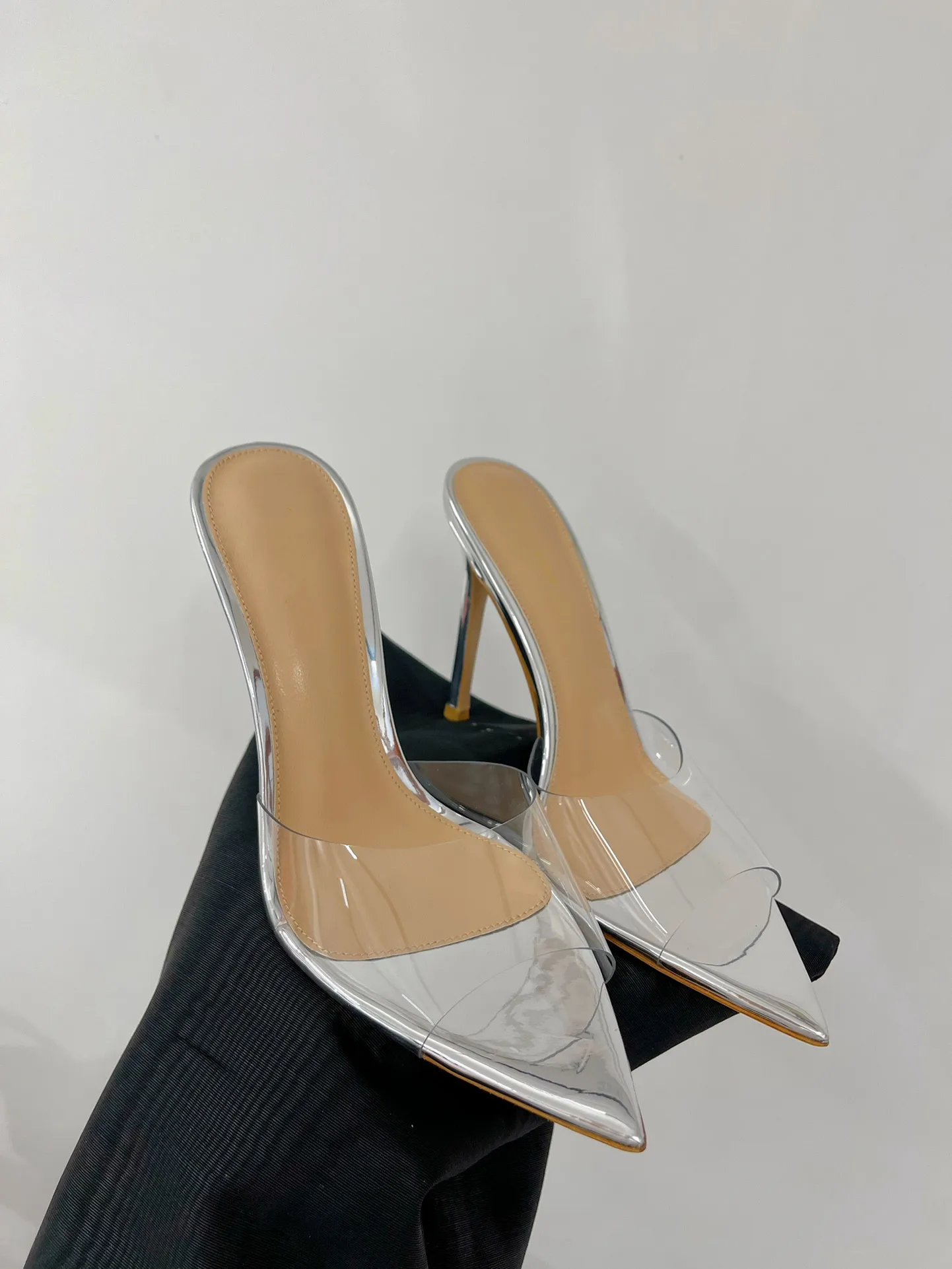 여성용 하이힐 샌들, 클리어 어퍼, 천연 가죽 슬라이드, 펌프 오픈 토 PVC 슬리퍼, 10cm, 신상