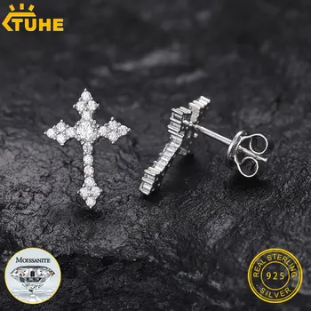 TUHE Unisex Cross Moissanite Stud Earrings For Women Men Sterling Silver D Color VVS1 Round Cut Screw Ear Studs Gift