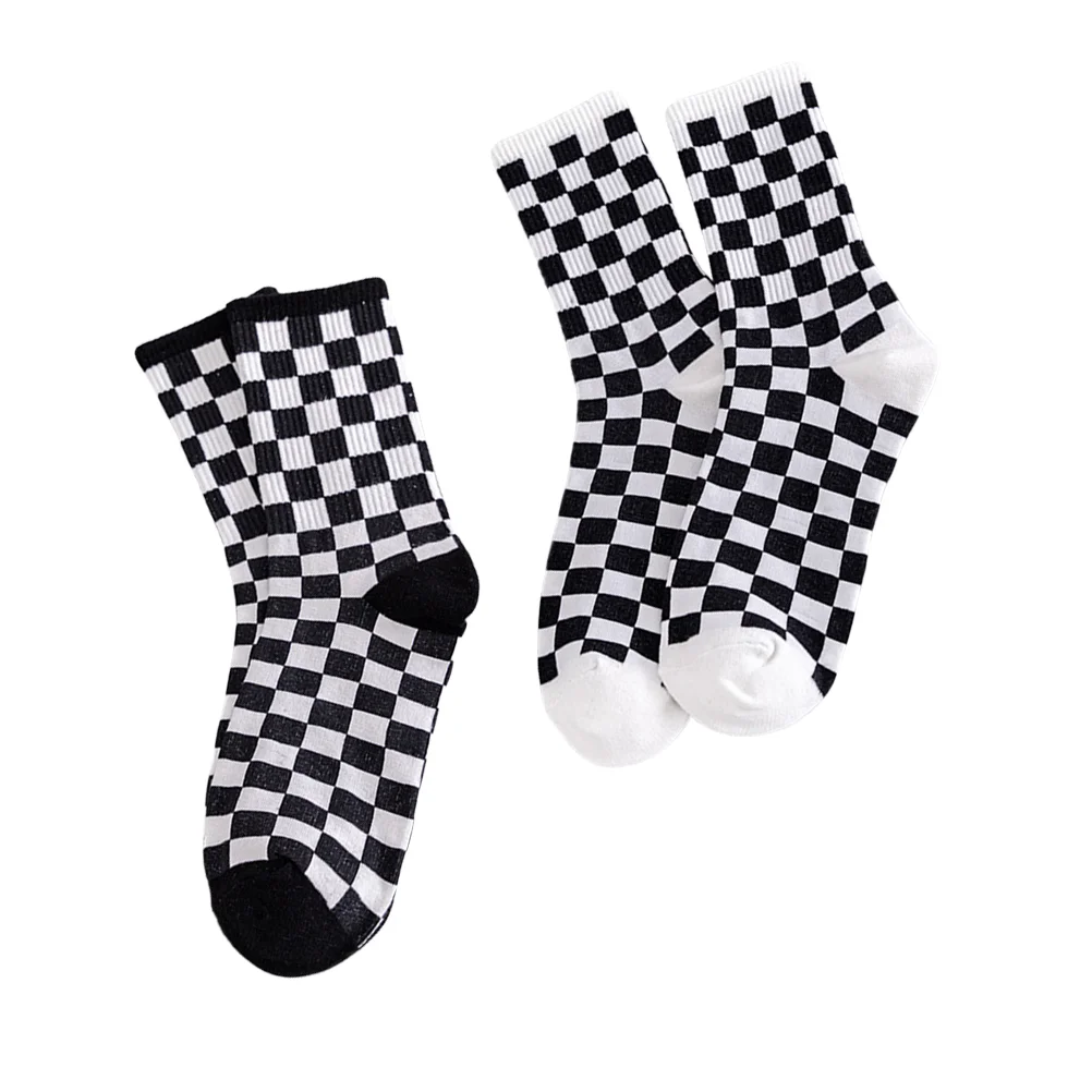 

2 Pairs Plaid Socks Girl Stocking Classic Black-white Pure Cotton Breathable Tube Woman