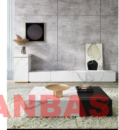 MANBAS Nordic Sintered Stone Table Basse TV Stand Modern Rectangle Coffee Tables Tea Table with Stainless Steel Muebles De Sal&oacute;n