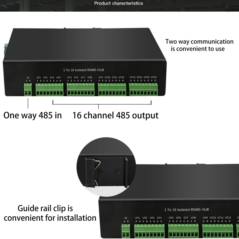 RS485 Hub 16-Channel RS485 Splitter 16-Port 485 Sharer Splitter 1 In 16 Out Industrial-Grade Isolated HUB