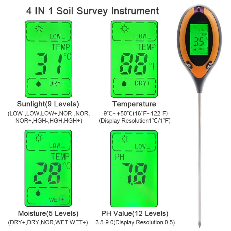 4 In 1 Soil Ph Meter Soil Tester Moisture Meter Ph Levels Detector