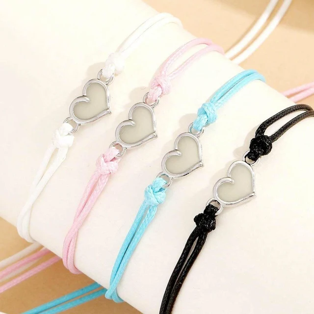 Bracelets lumineux en forme de cœur, cordon ciré tissé à la main, brillant dans le noir, bijoux faits à la main pour amis, cadeau, 1/4 pièces