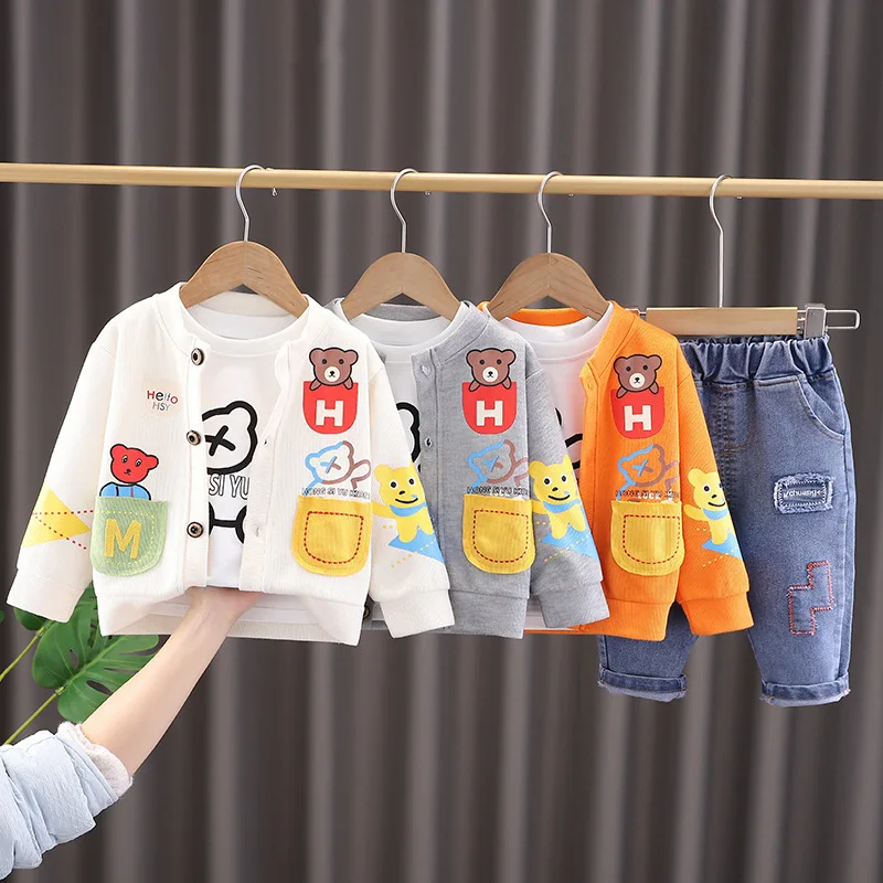 Set di Abbigliamento per Bambini Primaverile alla Moda: Cappotto con Cartoni Animati, T-shirt e Pantaloni, Completo 3 Pezzi