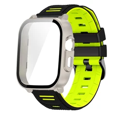 Breathable Silicone Strap with PC Glass Case - 2 - in - 1 Bracelet and Screen Protector for Realme Watch 5 (Black Green - star)