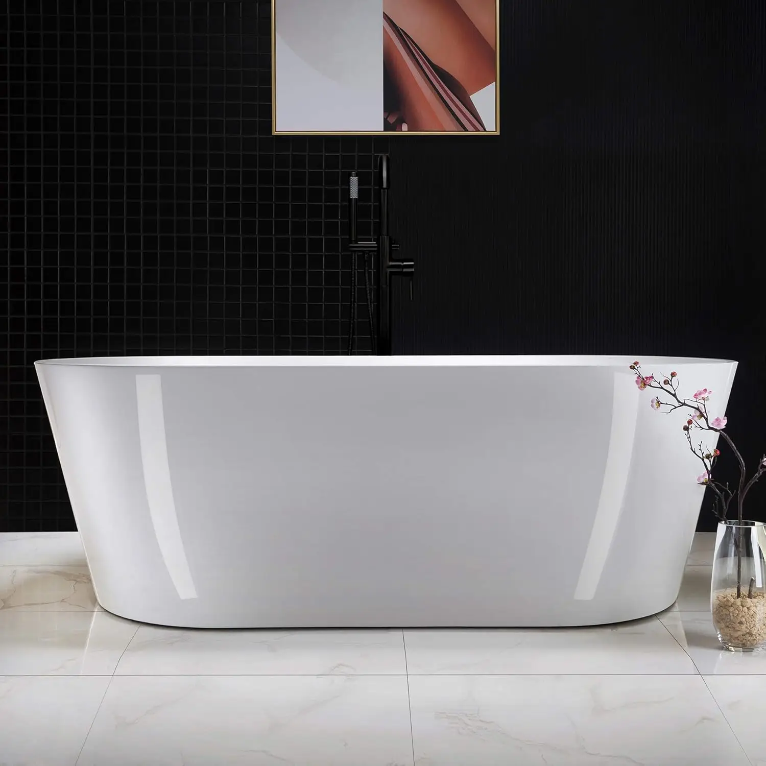 67 inch Acrylic Freestanding Bathtub Contemporary Soaking White Tub with Matte Black Overflow and Drain High quality structure