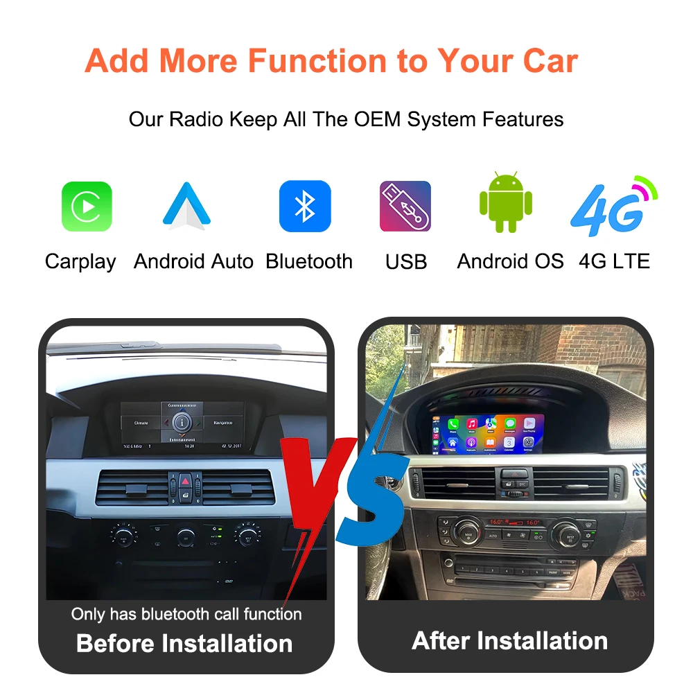 Reproductor Multimedia para Automóvil Bonroad Qualcomm Android 14 con Pantalla de 8.8" para BMW Serie 3/5 E60, E61, E90, E91, E92, E93 (2005–2012), Sistema CCC/CIC 4