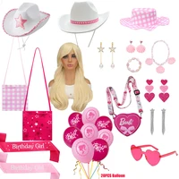 Movie Pink Barbi Kids Cosplay Accessory Wig Hat Earring Set Baby Girl Birthday Party Necklace Bracelet Halloween Christmas Cos 1
