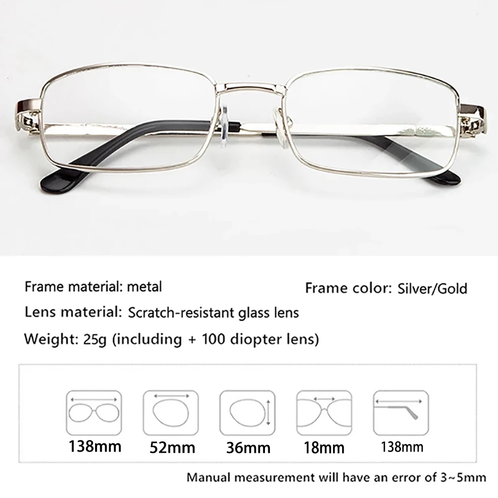 Reading Glasses Retro Square Presbyopic Eyewear Glass Lenses Metal Hyperopia Men +3.5+4