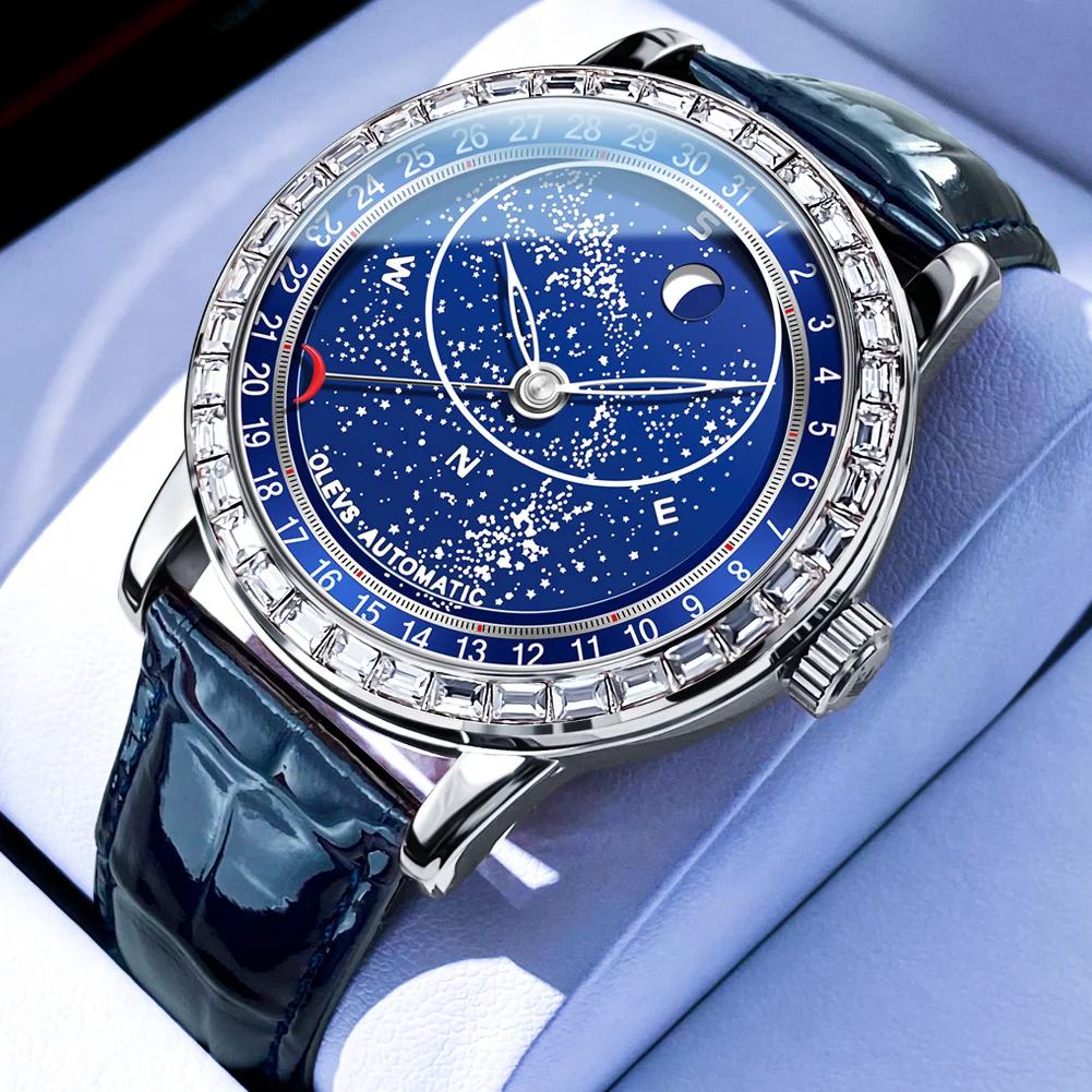 

OLEVS Brand Luxury Luminous Automatic Mechanical Watch for Men Diamond Leather Sport Waterproof Fashion Watches Mens Reloj